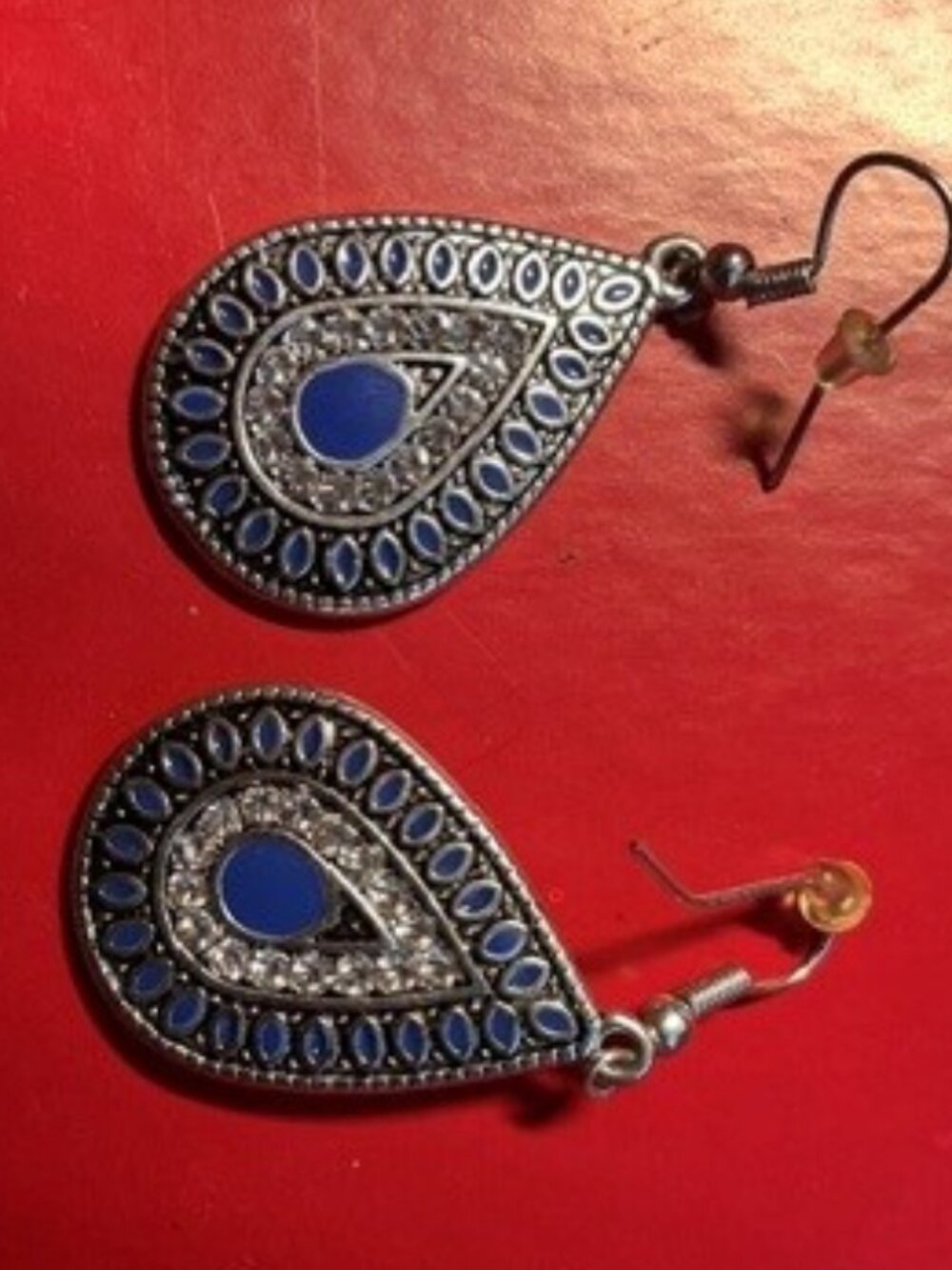 blue and silver tone metal  bohemian hook earrings